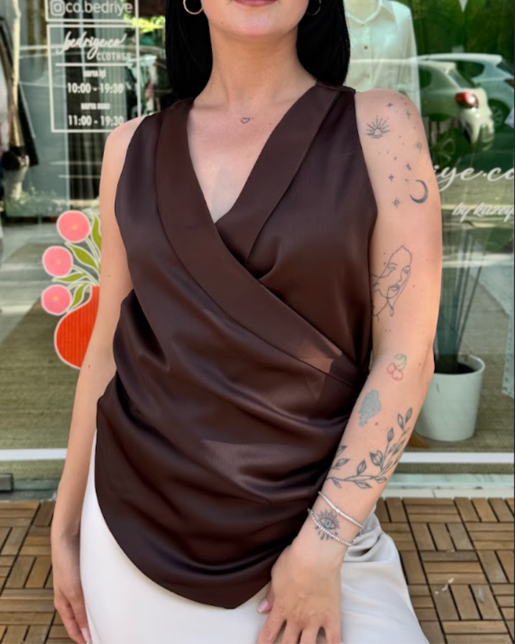 CO103 KAHVE SATEN BLUZ