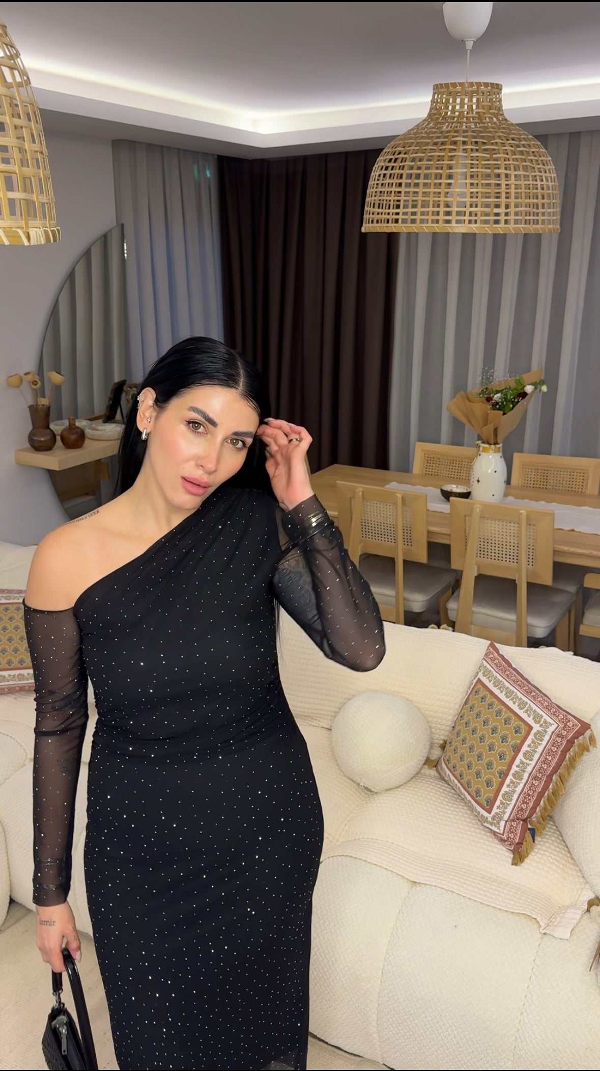 CO307 TAŞLI SİYAH MİDİ ELBİSE