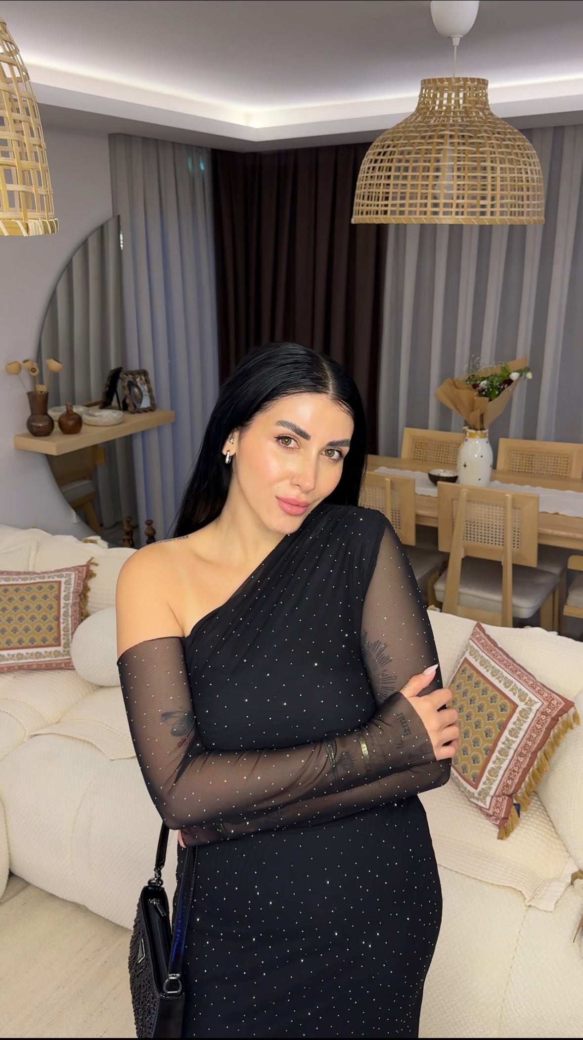 CO307 TAŞLI SİYAH MİDİ ELBİSE