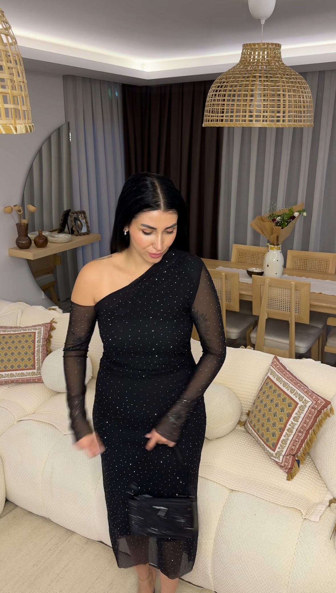 CO307 TAŞLI SİYAH MİDİ ELBİSE