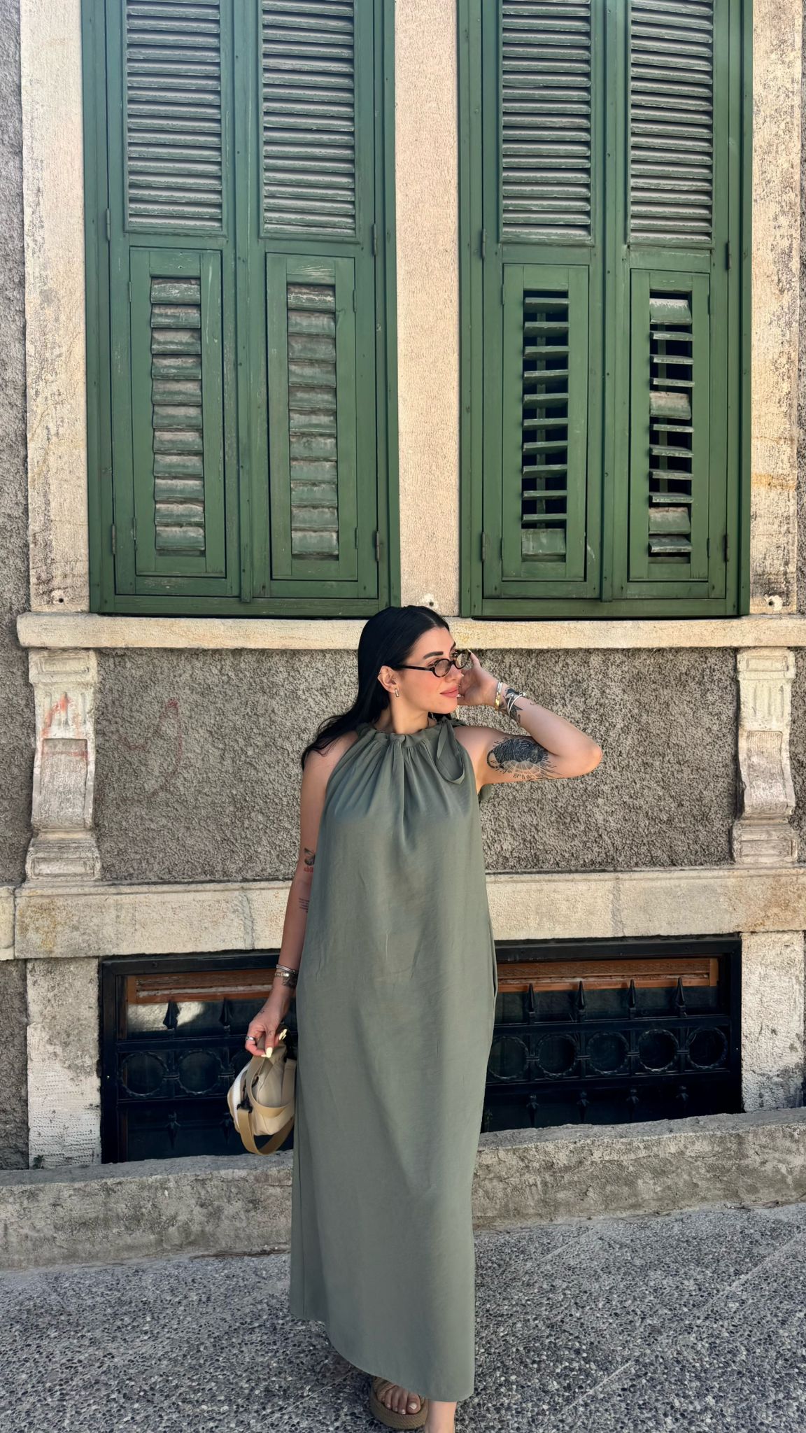 CO253 YEŞİL BOYUN DETAY ELBİSE