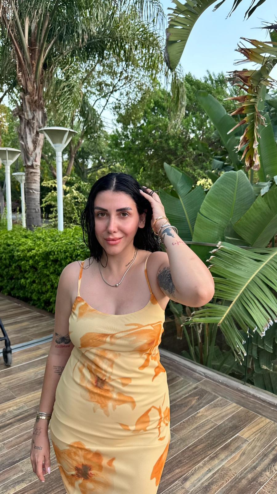 CO262 SARI DESENLİ MİDİ ELBİSE