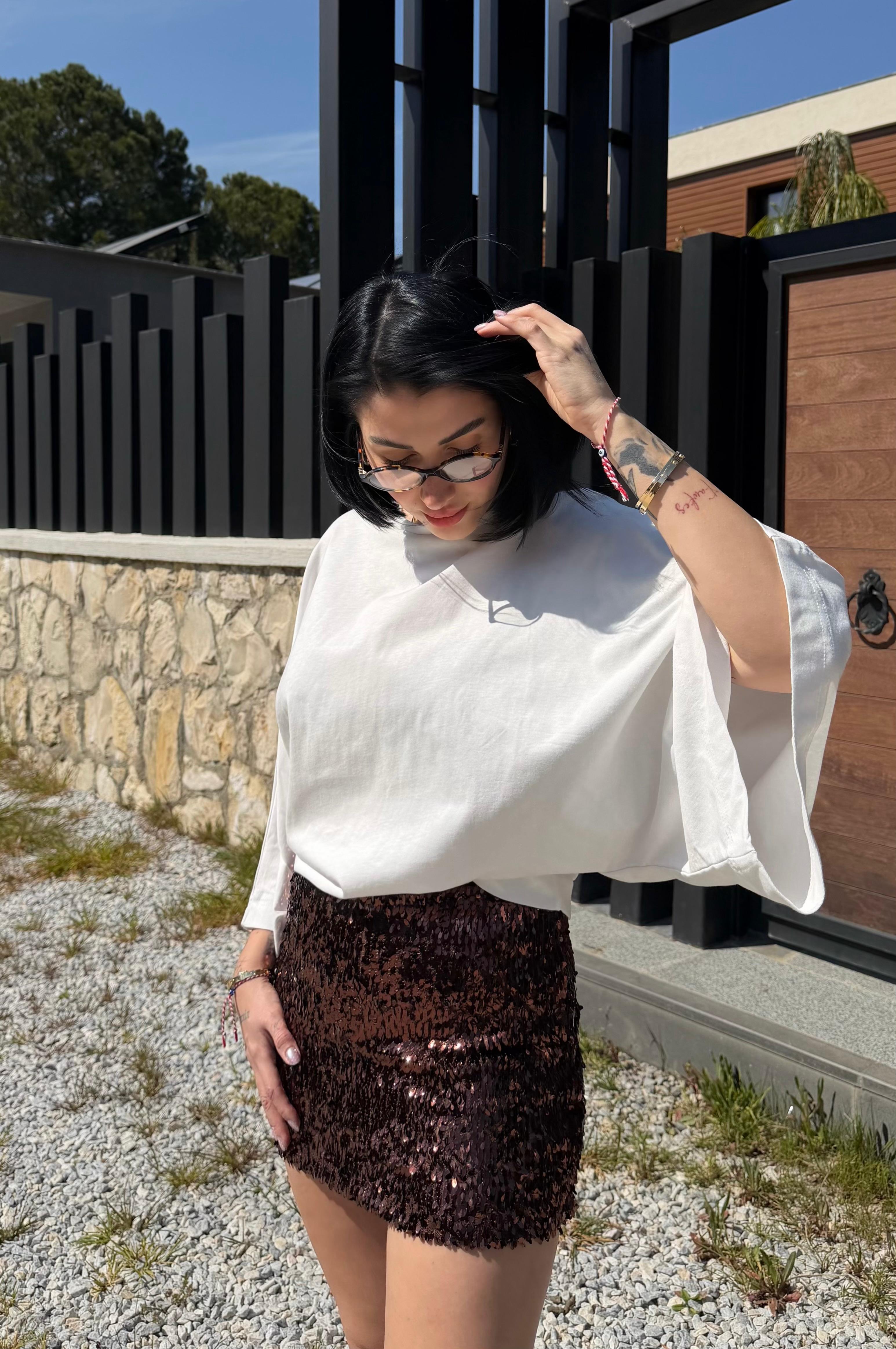 CO357 KAHVE PAYET ŞORT ETEK